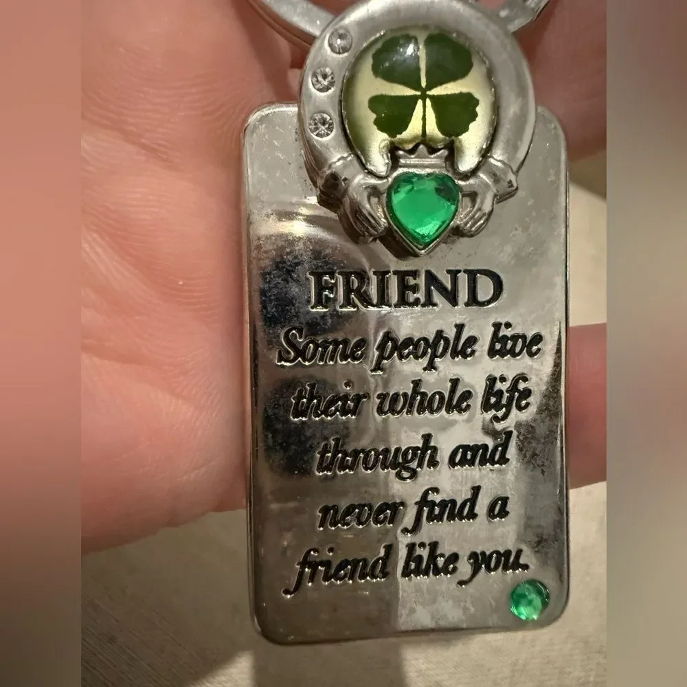 Lucky Irish Friend Keychain with Real Four Leaf Clover & Green Gemstones